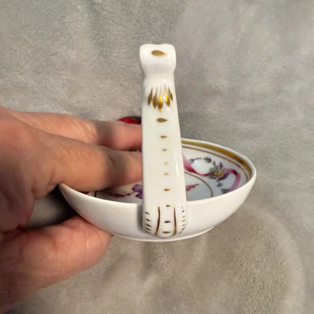 Richard Ginori Hand Painted Pink Ribbon Floral‎ Bonbon Dish Italy w/ Handle
